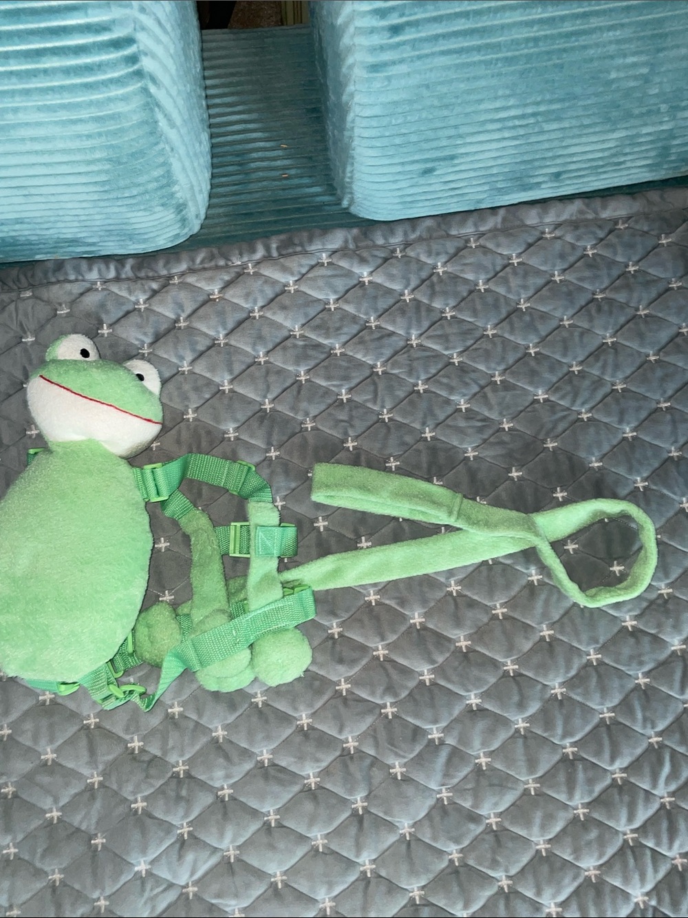 Unisex child harness/leash-green terrycloth frog design
